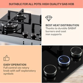 Klarstein Illuminosa 4, gázfőzőlap, 4 Sabaf égő, üvegkerámia