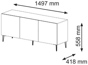 TV Szekrény 150 cm. Fényes Fekete Front, Matt Fekete Test, Arany Színű Lábakkal Ravenna C Diamond