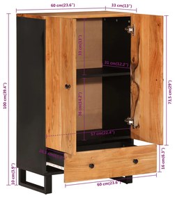 tömör akácfa és vas magasszekrény fiókkal 60x33x100 cm