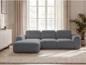 Szürke buklé kinyitható-tárolóhelyes sarokkanapé (bal oldali-heverő résszel) Montaigne – Bobochic Paris