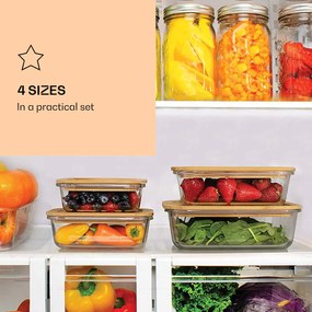 Gramercy Friss élelmiszer tartó dobozkészlet, 4 méretben, boroszilikát üveg, bambusz fedőkkel, egymásra rakható