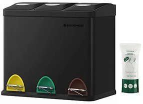 Kis szelektív konyhai hulladékgyűjtő, pedálos fedéllel, 3 x 8 literes  vödörrel, acél, fekete