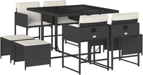 vidaXL 9 részes fekete polyrattan kerti étkezőgarnitúra párnákkal