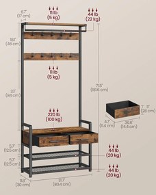 Előszobafal ülőkével, cipőtárolóval,szövetfiókkal,30 x 80,4 x 181,6 cm, rusztikus barna/fekete