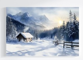 Vászonkép Canvas Tájkép Tél Hó Hófúvás Hegyek Kunyhó Nap 60x40