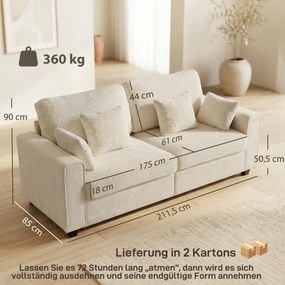 HOMCOM Kanapé, 3 személyes, bársony kárpitozással, 4 párna, 211,5 x 85 x 90 cm, bézs