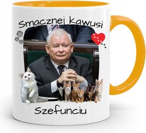 Sárga Vicces Bögre Jaroslaw Kaczynski felirattal, fényképpel
