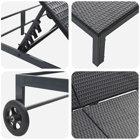 Napozóágy Párnákkal és Kerekekkel 2 Személyes Fekete Poli Rattan