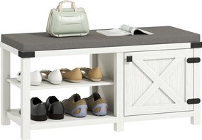 HOMCOM Rusztikus Cipőpad Cipőszervíz Pad Ülőkével Cipőtároló Pad Rekeszekkel 7 Pár Cipőhöz Előszoba Nappali Hálószoba 100x40x48 cm Fehér és Szürke | A