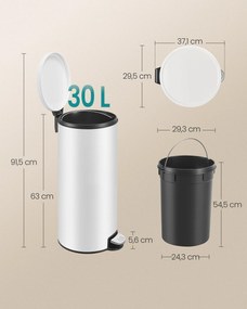 Fém kerek konyhai szemetes, 30 L, pedálos, műanyag belső vödörrel, fehér