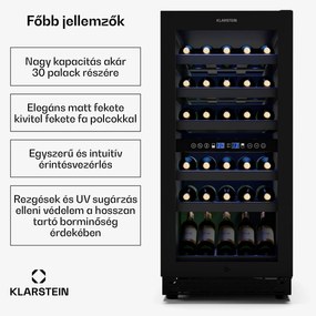 Klarstein Vinovilla 30 Duo borhűtő, 2 hűtőzóna, 30 palack, fa polcok, 5-18 °C