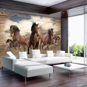 Fotótapéta - Vágtató ló fa táblákon (152,5x104 cm)