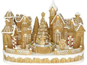 Dioráma mézeskalács város fenyővel mozgó figurákkal LED-es karácsonyi dekor