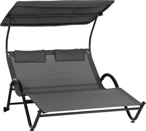 Outsunny Dupla Fekvőfotel Kerekekkel, Párnázott Fejtámlával és Napernyővel, 200x137x138 cm, Sötétszürke | Aosom