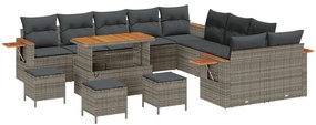 14 darabos kerti sofa szett párnákkal szürke poli rattan akác, 4 darabos kerti étkező szett párnákkal szürke poli rattan akác