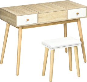 HOMCOM Smink Tükörrel Ellátott Képzőasztal Párnázott Székkel, 100x45x118 cm Természetes Szín | Aosom