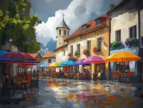 Vászonkép Canvas Város Tér Utca Kávézók Napernyők Templom 80x60