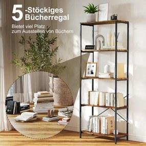 Könyvespolc, 5 polc, fém, melamin felület, barna