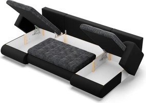 Tokio U alakú sarokkanapé, 3 ágyneműtartóval, fonott + műbőr, univerzális oldal, szürke - fekete