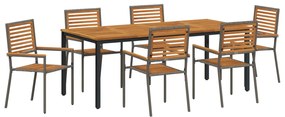 7 darabos Kerti Étkezőszett Szürke Poli Rattan Akác, Egymásra rakható Kerti Székek párnákkal 2 db Szürke Poli Rattan, Kerti Asztal 200x90x75 cm Szilárd Akác Fa és Fém