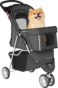 PawHut összecsukható kutyakocsi kis kutyáknak — tárolókosár, hálós ablakok, pohártartó, 10 kg, 77×44×102 cm, sötétszürke | Aosom