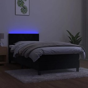 fekete bársony rugós és LED-es ágy matraccal 90x190 cm