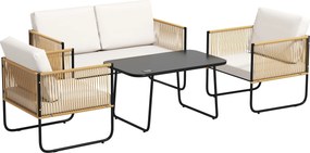 Outsunny 4 Fős Kerti Szett, Balkon Rattan Pihentető 2-Fős Kanapéval, Fotelekkel, Edzett Üveg Kávézóasztallal, Levehető Párnákkal, Krém | Aosom