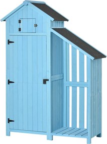 Outsunny Kerti Ház Felszerelés Tároló Kiskert Tűzifa Tárolóval, 3 Polcos Aszfalt Tető, Fenyőfa, Égkék, 130 x 54,5 x 180 cm | Aosom