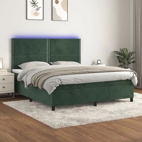 sötétzöld bársony rugós és LED-es ágy matraccal 160x200 cm
