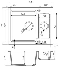 Mosogató Quality Ferrum, konyhai gránit mosogató 605x495x210 mm + arany szifon, fekete, SKQ-FER.C.5KBO.XG