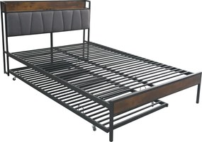 Ágy ágyráccsal és kihúzható pótággyal, 160x200, fekete/szürke, NORDO
