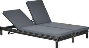 Outsunny Poly Rattan Kétfős Napozóágy - Luxuskategóriás Kert Napozóágy 5-Fokozatú Támlával - Fémből készült PE Rattan Szürke 196 x 120 x 28 cm | Aosom