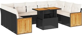 vidaXL 10 részes fekete polyrattan akácfa kerti ülőgarnitúra párnákkal