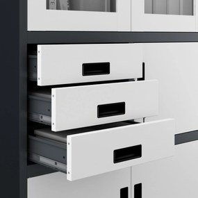 Fém iratszekrény széffel, vitrinnel és fiókokkal FILIP, 900 x 1850 x 400 mm, antracit-fehér