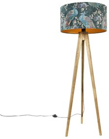 Háromlábú vintage fa lámpa, páva zöld árnyékkal 50 cm - Tripod Classic