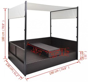 barna polyrattan napellenzős kerti ágy 190 x 130 cm