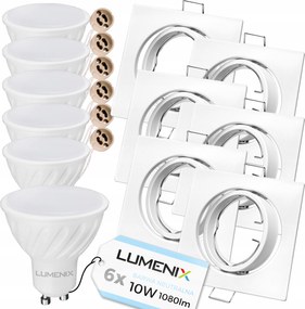 6 db-os halogén lámpatest szett Fehér Négyzet GU10 Led izzó 10W Semleges
