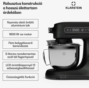 Klarstein Chiara konyhai robotgép, 1600 W, 12 beállítás, rozsdamentes acél tál, LCD kijelző, Tartozékokkal együtt