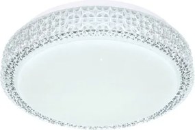 Globo 41749-12 Mennyezeti lámpa fehér váz, akril fehér búra, akril-kristály és sparkle effekt dekorral. Fali kapcsolóról 3 lépésben színhőmérsékletváltós. Ø:260, H:80, tartozék: 1xLED 12W 230V, 980lm, CCT 3.000-4500-6.500