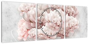 Kép - Rózsaszín virágok a falon (órával) (90x30 cm)
