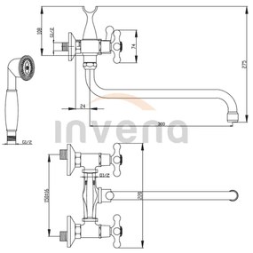 Invena Roma, kád csaptelep meghosszabbított kifolyóval 300mm kézizuhany készlettel, króm, INV-BW-24-00S-L