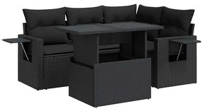 5 részes fekete polyrattan kerti kanapészett párnákkal