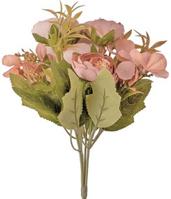 5 ágú hortenziás tearózsa selyemvirág csokor, 25cm magas - Púder rózsaszín