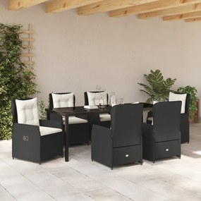 7 Részes Kerti Étkezősor Fekete Poli Rattan, Kerti Asztal Fekete 200x80x73 cm Edzett Üvegből