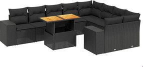vidaXL 10 részes fekete polyrattan kerti ülőgarnitúra párnákkal