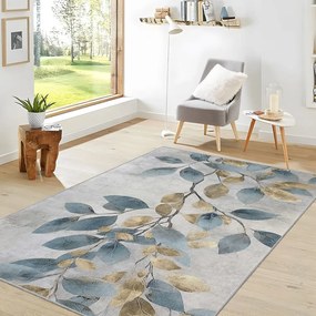 Világoskék-aranyszínű mosható szőnyeg 80x150 cm Golden Leaves – Mila Home
