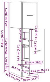 füstös tölgy színű szerelt fa patikaszekrény 30 x 41 x 118 cm
