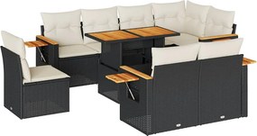 vidaXL 9 részes fekete polyrattan akácfa kerti ülőgarnitúra párnákkal