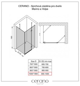 CERANO Cerano, fix zuhanyparaván Marino és Volpe ajtókhoz 100x190 cm, 6mm átlátszó üveg, fekete profil, CER-CER-420273