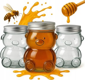 12x Mézes Befőttesüveg Mackó 300ml Üveg Befőttesüveg Fűszertartó Kupakkal Lekvár